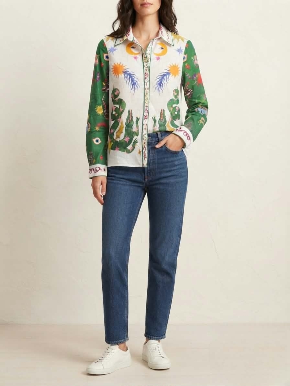 Celestial Dragon Graphic Button Down Shirt Size S Mystic Sun Moon Long Sleeve